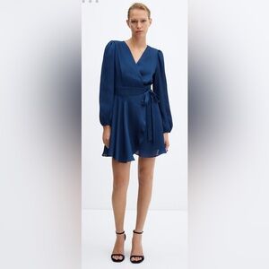Mango plain navy blue long sleeve satin wrap dress , mini, size 2